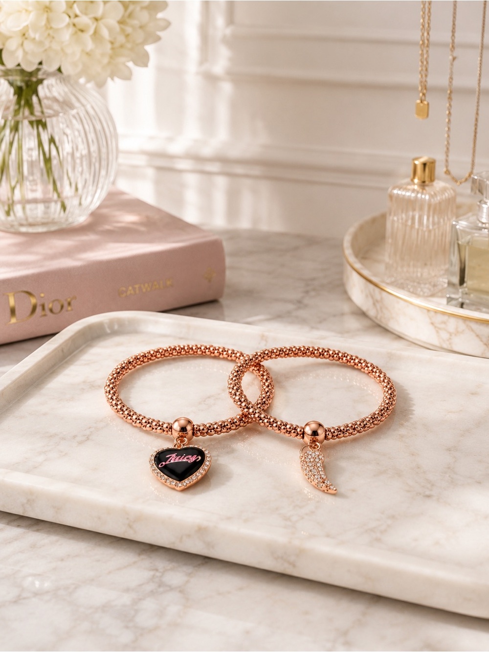 Juicy Couture Rose Gold Crystal Heart Charm Bracelet Set NWT Gift Jewelry